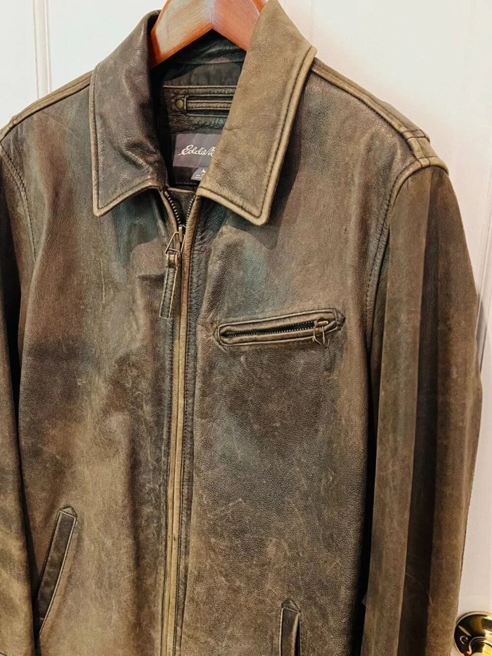 VINTAGE Eddie Bauer Distressed Heavy Leather Jacket Coat Mens TXL